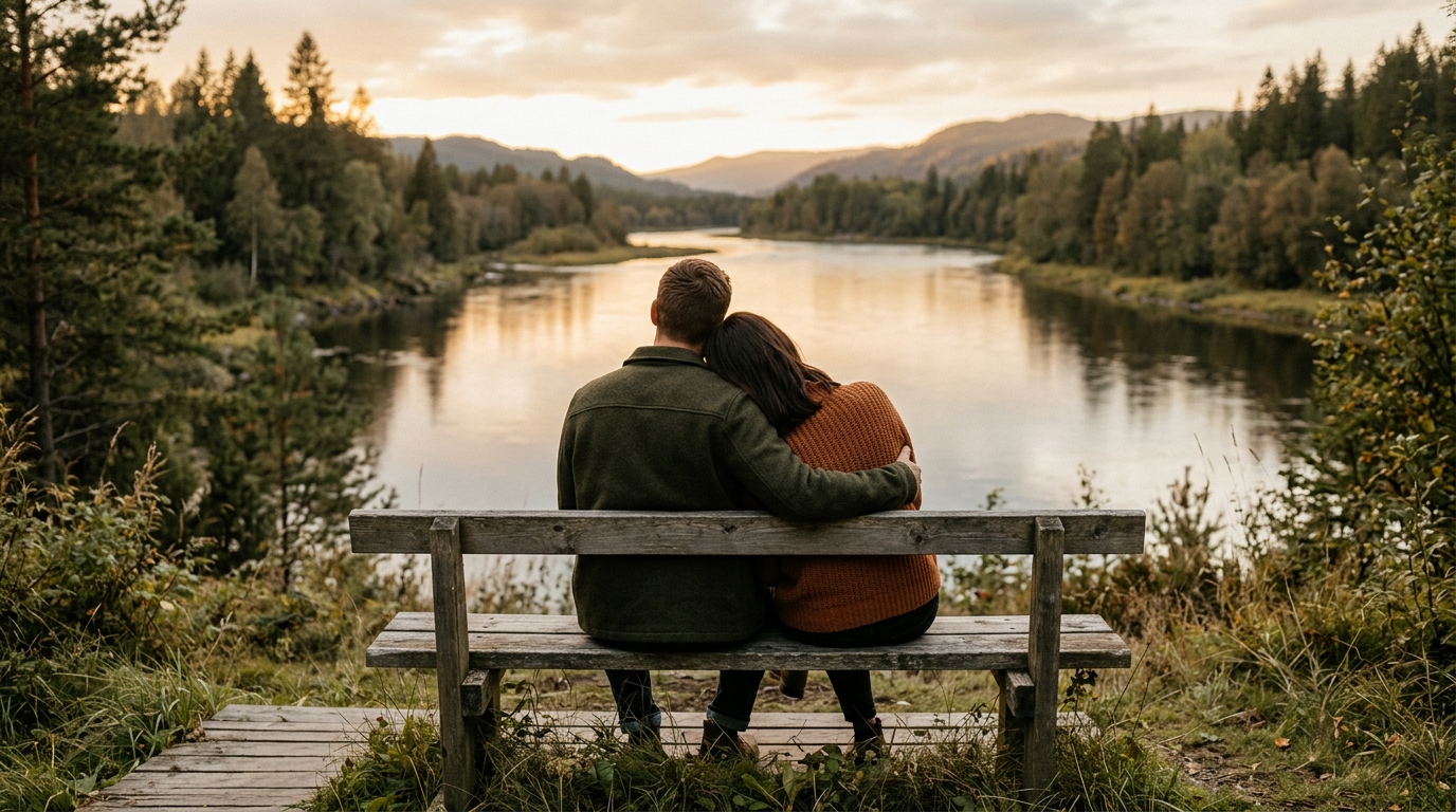 Couple enlacé sur un banc devant une rivière au coucher du soleil
