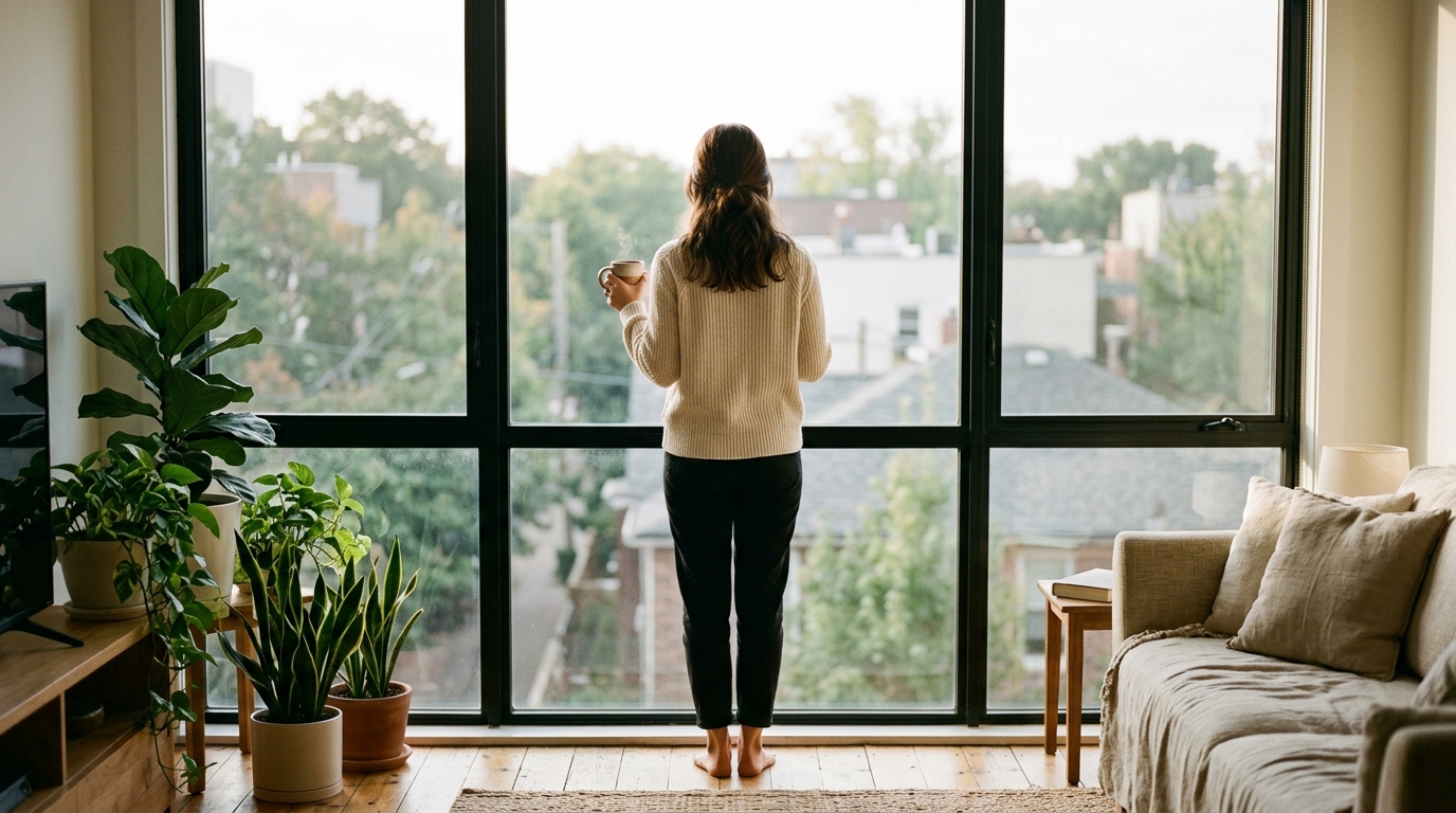 Personne de dos à une grande fenêtre, une tasse chaude à la main