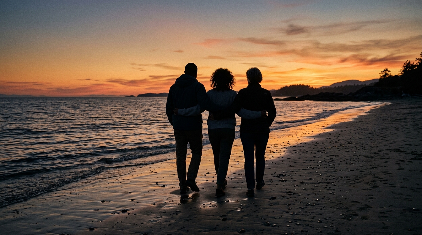 Trois personnes marchant bras dessus bras dessous au bord de l’eau